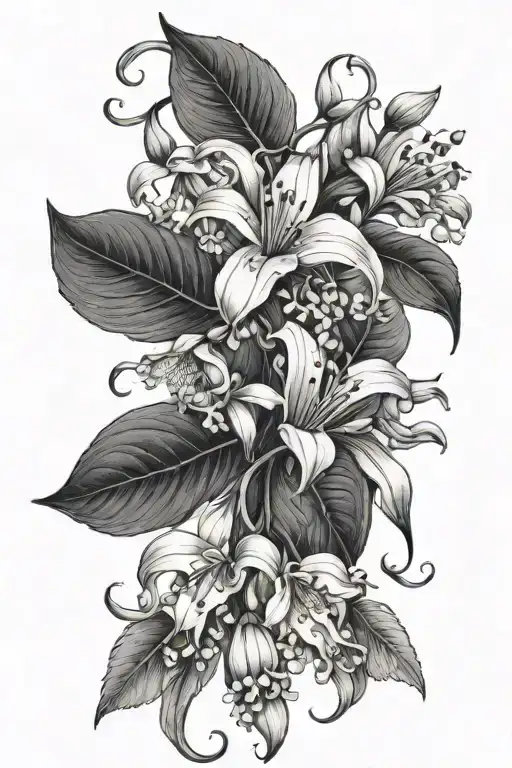 honeysuckle, lilys, and lily of the valley with vines dainty tattoo design idea