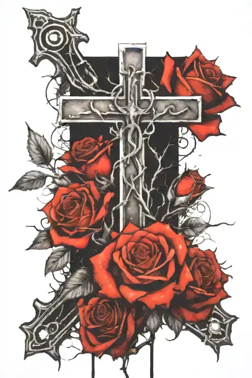 a cross with 3 vine roses growing around it and a crown of thorns on top no background  tattoo design idea