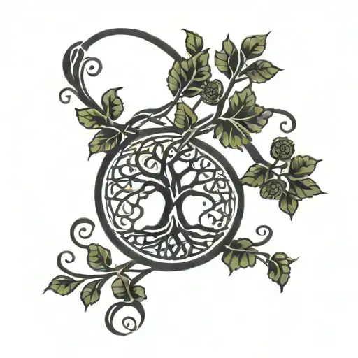 Elegant black line tattoo of a celtic tree of life, with roots, in an oval shape, for my forearm. tattoo design idea