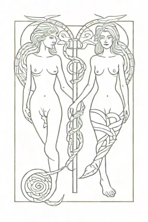 A symmetrical tattoo of the Gemini twins holding the Rod of Asclepius, with a minimalist style tattoo design idea