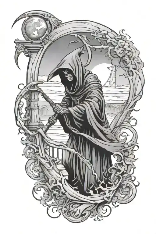 grim reaper with bridge and moon tattoo design idea