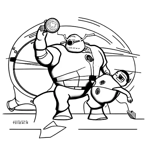 A minimalist tattoo of an artist's palette with Baymax and the Incredibles characters painted on it tattoo design idea