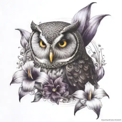 owl surrounded by deep purple cala lily tattoo design idea