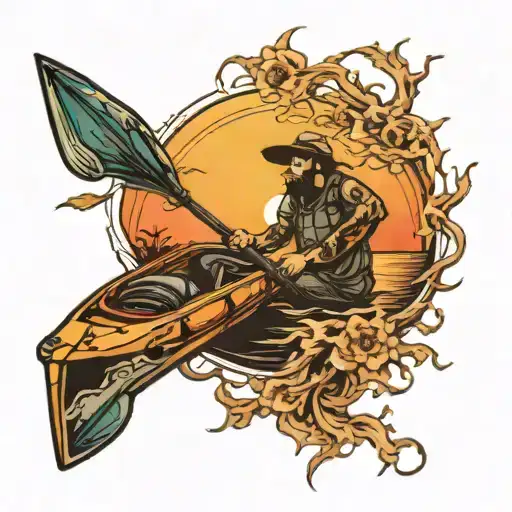 fishing kayak sun set tattoo design idea