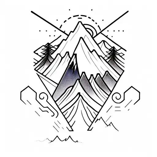 A stylized mountain peak with a film projector shining light on it tattoo design idea