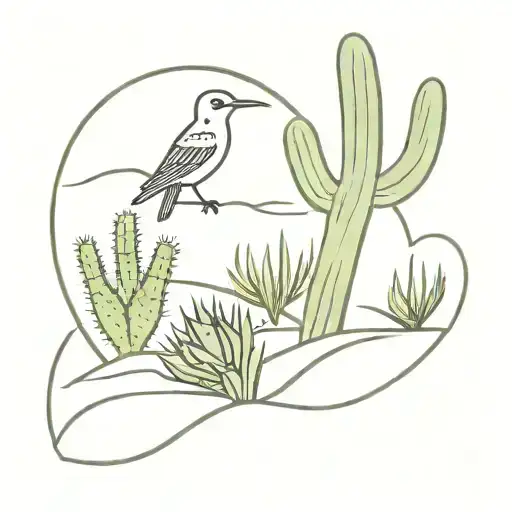 A Zia symbol with cactuses yucca plants and a small road runner all inside  tattoo design idea
