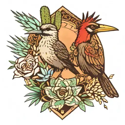 A Zia symbol with cactuses yucca plants and a small road runner all inside  tattoo design idea