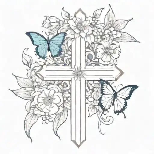 a cross with narcicuss, larkspur and chrysanthemum flowers wrapped around fine line with 3 small butterfly outlines tattoo design idea