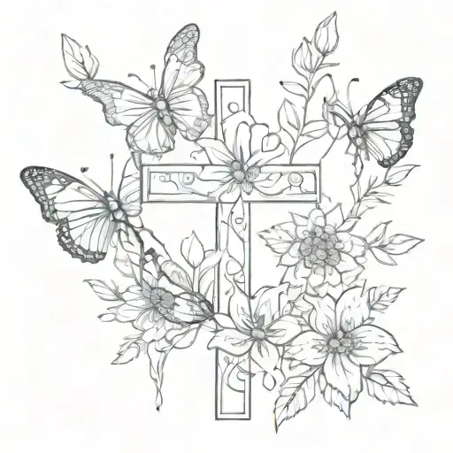 a cross with narcicuss, larkspur and chrysanthemum flowers minimalist fine line detail with 3 small butterfly outlines tattoo design idea