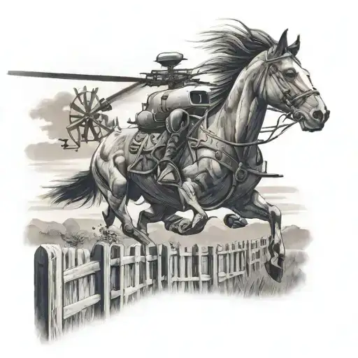 uh60 black hawk flying with horse ranch fence and horses in the background  tattoo design idea