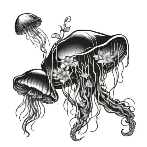 jelly fish and flowers tattoo design idea