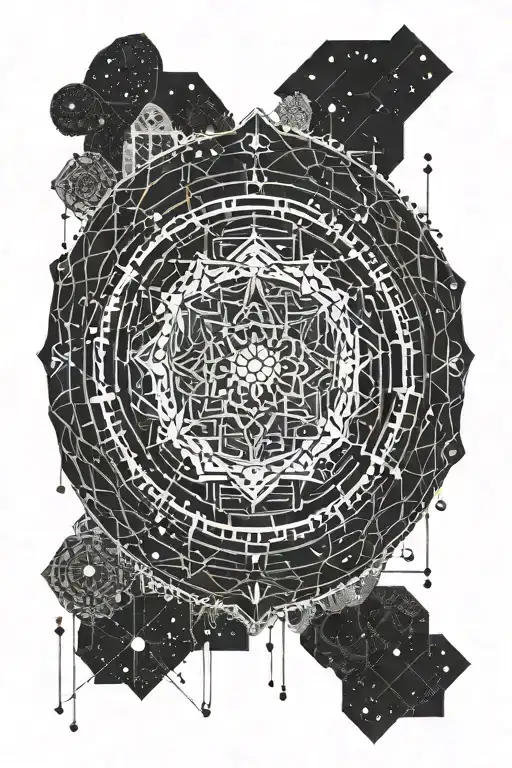 matrix code intertwined with mandala pattern, geometrical with straight lines only. Night sky above with Lyra stars tattoo design idea