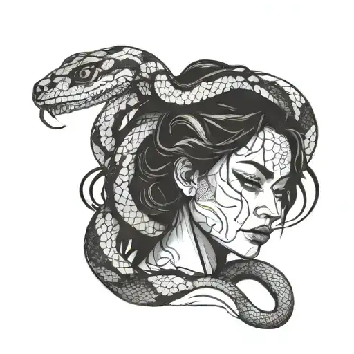 A woman's face with a snake wrapped around her, symbolizing power and temptation tattoo design idea