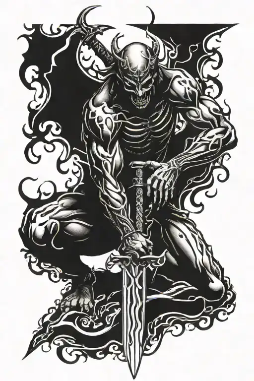 demonic shadow kneeling with a sword tattoo design idea