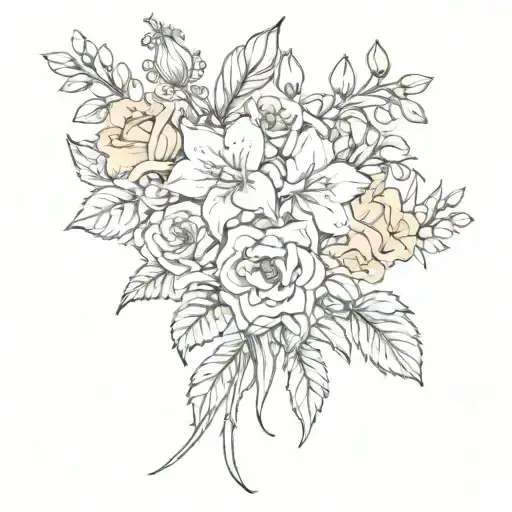 roses,violets,primrose,honeysuckle,sweet pea,daisy,poppy, gladiolus,holly berry, narcissus bouquet. tattoo design idea