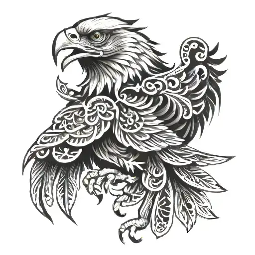 A stylized blackwork tattoo of a fierce Mexican eagle with intricate patterns and details tattoo design idea