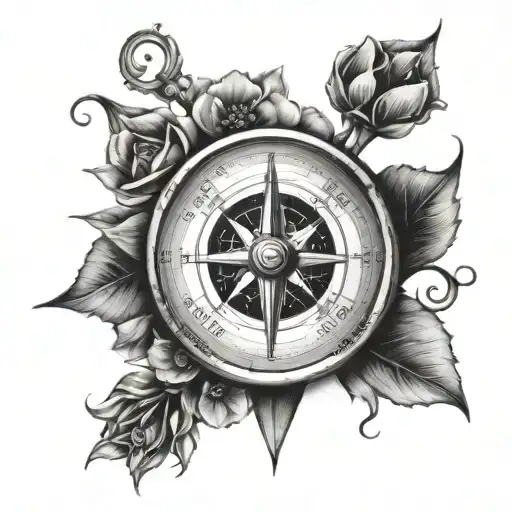 A realistic compass tattoo with vibrant latex flowers wrapping around it tattoo design idea