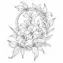ruby, lily, iris, arch tattoo design idea