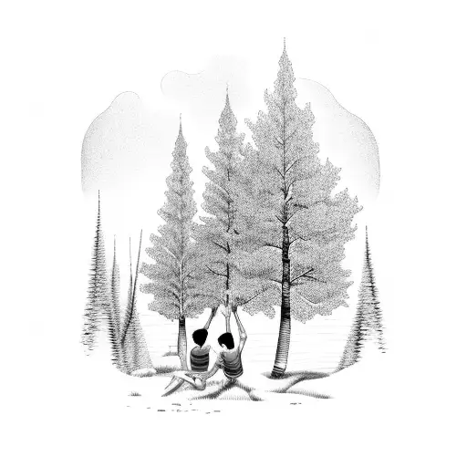 Boy and girl sitting under a birch tree in a pine forest on a mountain tattoo design idea