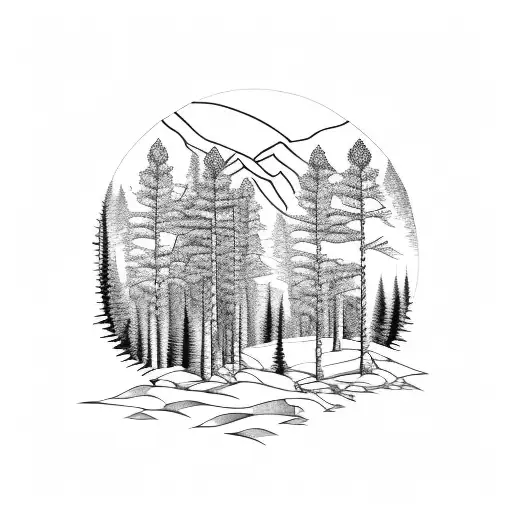 Pine and birch forest in a mountain, with brother and sister sitting below the tree. Girl is 8 years old and boy 2 years tattoo design idea