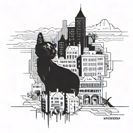 A futuristic cityscape inspired by Belgrade and Montenegro with elements of real estate buildings and cats roaming the streets tattoo design idea