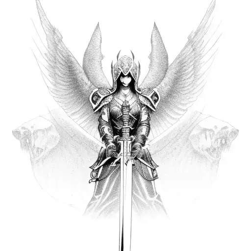  black guardian angel with sword tattoo design idea
