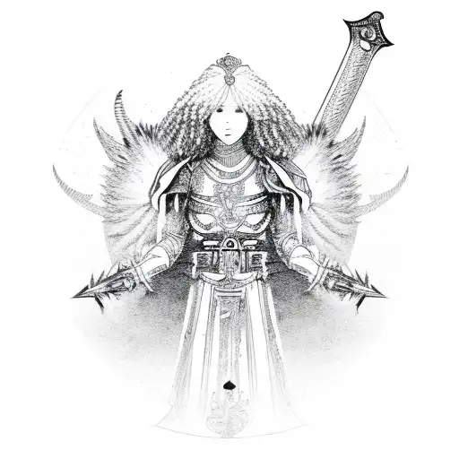 afro guardian angel with sword or swords tattoo design idea