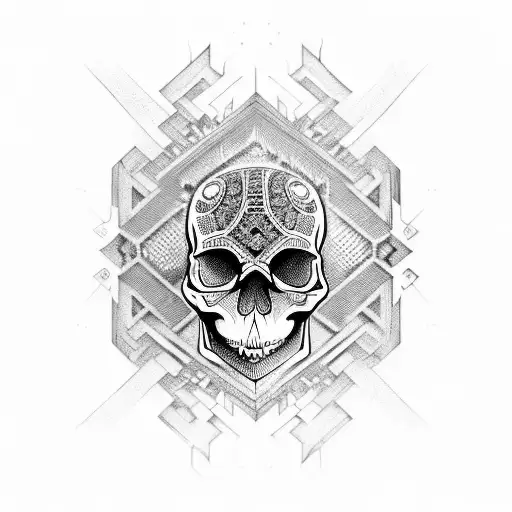 A skull with intricate geometric patterns inspired by heavy metal album art tattoo design idea
