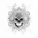A skull with intricate geometric patterns inspired by heavy metal album art tattoo design idea