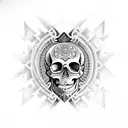 A skull with intricate geometric patterns inspired by heavy metal album art tattoo design idea