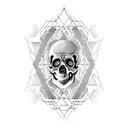 A skull with intricate geometric patterns inspired by heavy metal album art tattoo design idea