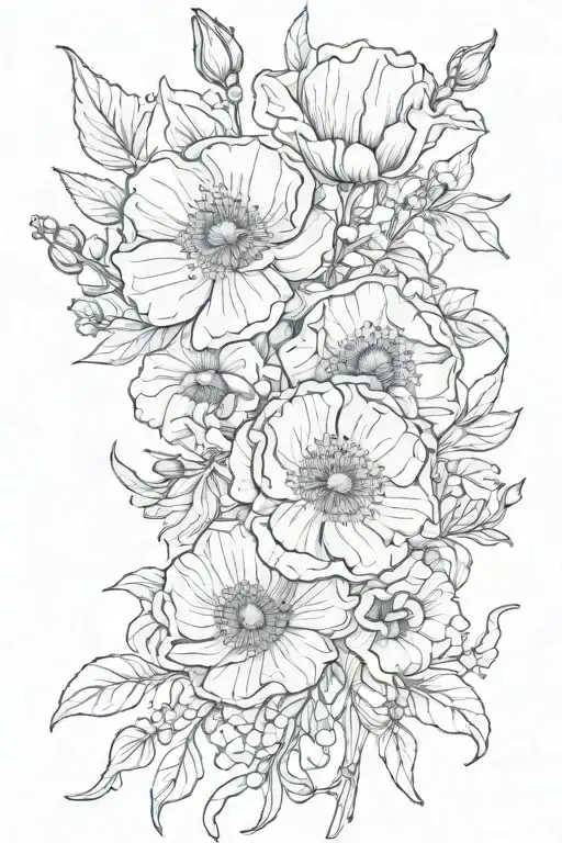 Honeysuckle and poppy flower bouquet tied tattoo design idea