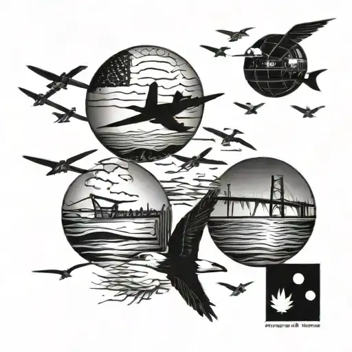 Pensacola beach ball, 5 blue angels jets flying, seagulls, 3 mile bridge, see weed tattoo design idea