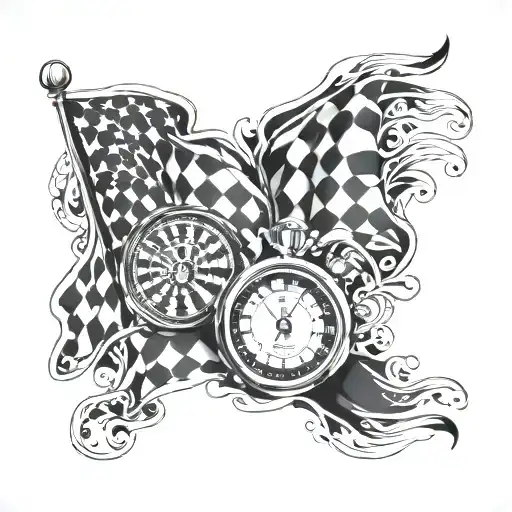 racing flags, ford mustang, spiral, stopwatch tattoo design idea