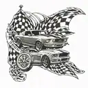 racing flags, ford mustang, spiral, stopwatch tattoo design idea