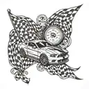 racing flags, ford mustang, spiral, stopwatch tattoo design idea