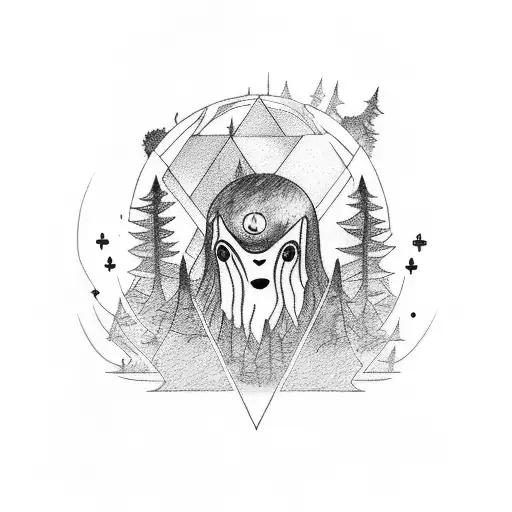 Ghost in woods with mirrorball and rainbow tattoo design idea