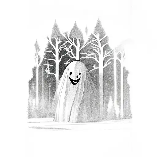 Ghost in woods with mirrorball and rainbow tattoo design idea