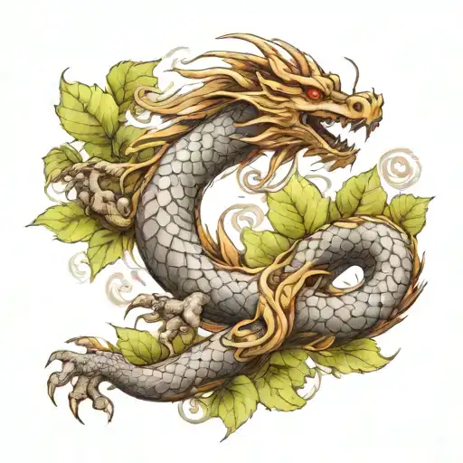 sleave tattoo of earth dragon made of stone, wood and leaves. triforce tattoo design idea