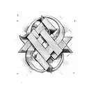 Two infinity signs underneath the Latin word for iron with the atomic number for iron, two lines of power go to arms tattoo design idea