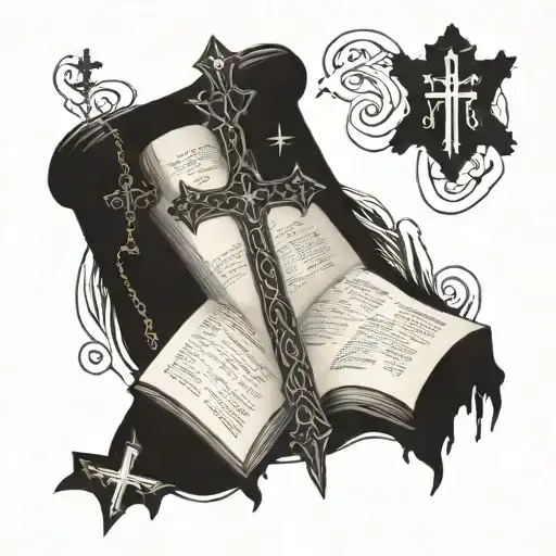 bible verse and three crosses under the words  tattoo design idea