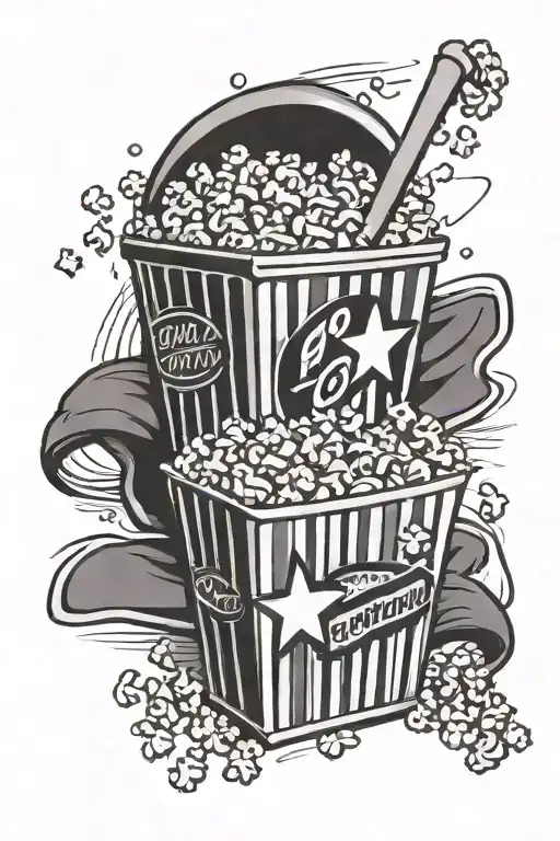popcorn bucket with movie film for lines on the side, and instead of saying popcorn is said Friday in cursive.  tattoo design idea