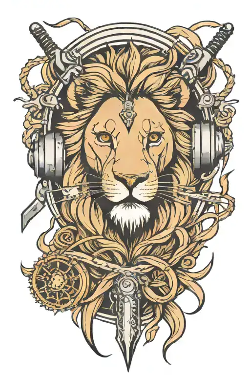 Lion headphones swords tattoo design idea