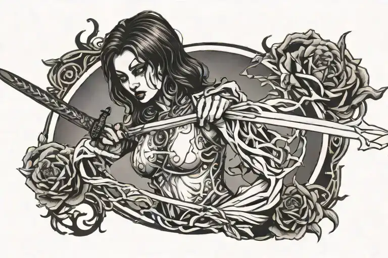 undead evil woman holding sword intertwined tattoo design idea