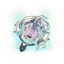 An innovative business idea represented by a light bulb surrounded by philosophical symbols tattoo design idea