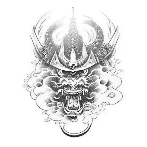 Japanese style samurai at war with a dragon spirit coming out of his chest with smoke around the dragon tattoo design idea
