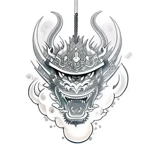 samurai at war with a dragon spirit coming out of his chest with smoke around the dragon tattoo design idea