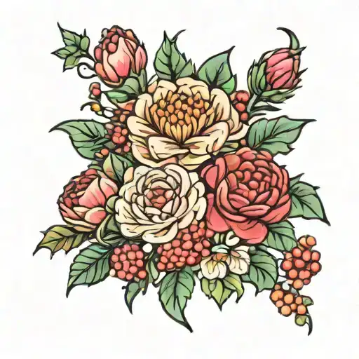 Carnation, Aster, Chrysanthemum, Holly Berry bouquet  tattoo design idea