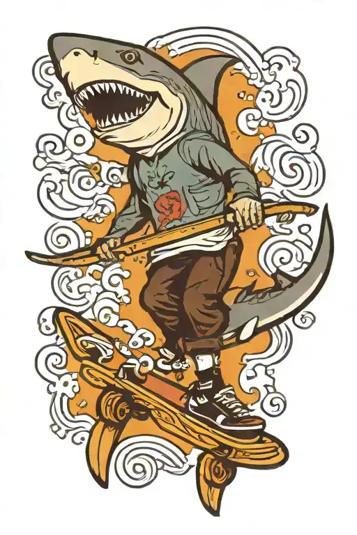 shark with human legs wearing vans sneakers and riding a skateboard  tattoo design idea