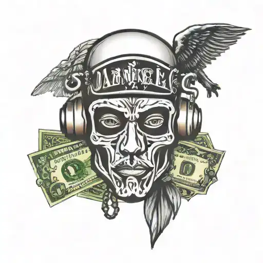 ski mask, money , angel ,la logo and gangsta stuff tattoo design idea
